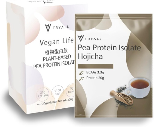 [BRSWY2Q6AB5GG3Q2] TRYALL Plant Based Pea Protein Powder Isolaat (20 g eiwit) Travel Sachets (Hojicha, 10 verpakkingen)