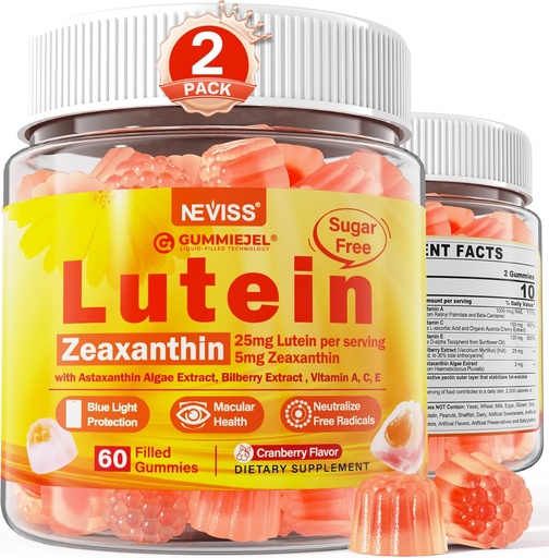 [BRSRAEIPCUPAG3LO] 2 Pack Lutein and Zeaxanthin Supplements Gummies (25mg) Vitamins A, C, E, Bilberry, Astaxanthin - Coconut Oil for Better Absorption - for Adults & Teens Vision, Eye, Brain, Skin - Vegan, Sugar Free