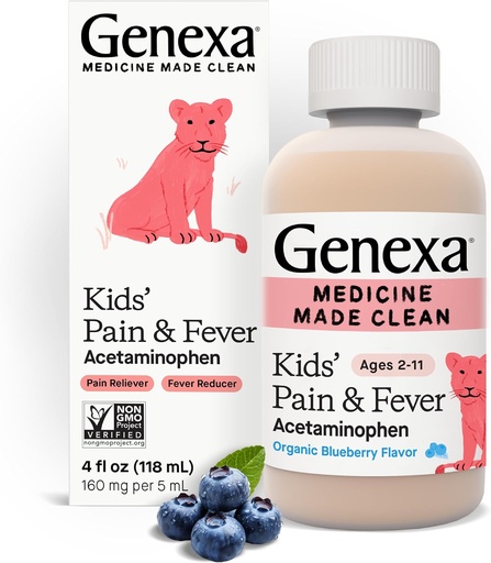 [BRSWYHD4BMBBG2TP] Genexa Kids' Acetaminophen Pain & Fever Oral Suspension Medicine - 4oz - For Children 2 - 11 Years Old, Temporarily relieves pain and fever symptoms, 160 mg per 5 mL- Organic Blueberry Flavor