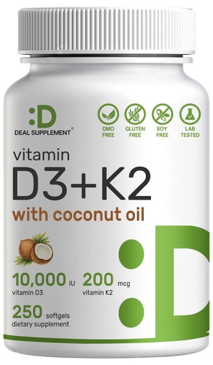[BRSWYFARDN7QGCTX] DEAL SUPPLEMENT Vitamin D3 10,000 IU + K2 MK7 200mcg Softgels, 250 Count | 2-in-1 Complex with Virgin Coconut Oil | Easy to Swallow