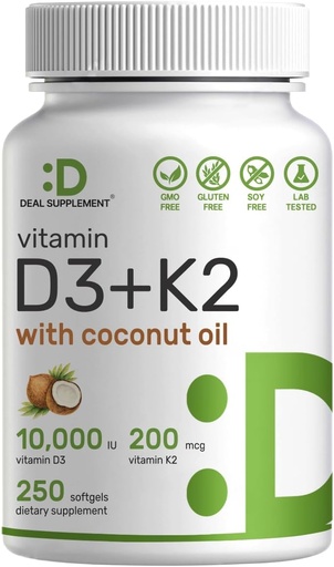 [BRSWYFARDN7QGCTX] SUPLEMENTO DEAL Vitamina D3 10,000 UI + K2 MK7 200mcg Softgels, 250 Conteo TENIDO 2-en-1 Complejo con aceite de coco virgen TENIDO Apoyo Corazón, Hueso, Tientes &amp; Salud Inmune* Silencioso