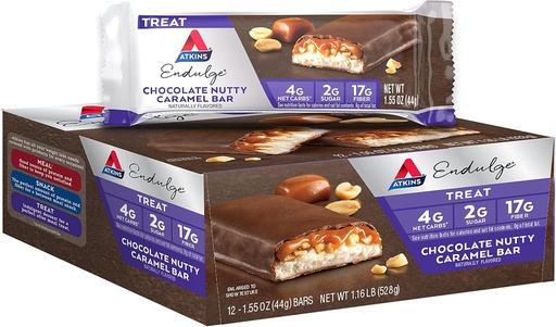 [BRSW2GQQO4CBOCA4] Atkins Endulge Chocolat Nutty Caramel Bar, Dessert préféré, 2g sucre, Haute en fibre, Keto amical, 12 comte