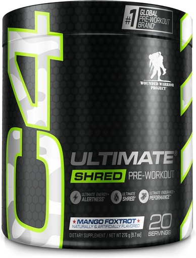 [BRSROEL2DIIGC3TO] Cellucor C4 Ultimate Shred x Wounded Warrior Project Pre Workout Powder, Fat Burner for Men & Women, Weight Loss Supplement with Ginger Root Extract, Mango Foxtrot, 20 Servings (Pack of 1)