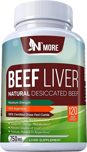 [BRSRMZLYOFYGYET5] N'More Beef Liver Capsules – 100% Grass Fed & Undefatted Argentine Liver – Natural Iron, B12 & CoQ10 for Energy, Brain & Immune Support – 120 Capsules, 750mg