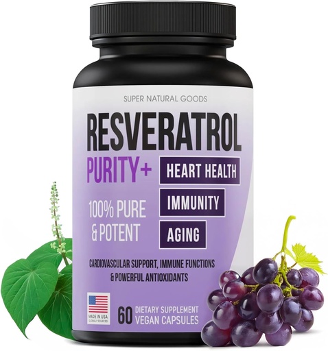[BRSRAZQ3PIMRQAL6] Trans-Resveratrol Highly Purified & Bioavailable Antioxidant Supplement for Unique SIRT1 Activation - Promote Cellular Repair, Longevity, Brain, Heart, DNA - 60 Capsules