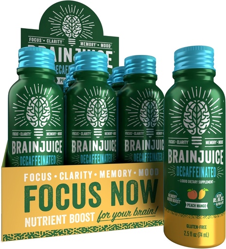 [BRSWGEI2PIBRUYD7] BrainJuice Decaf Brain Support Shot, Gluten Free Supplement Shots for Energy & Focus, Sunde drikke med Alpha GPC, Vitamin B & Decafeined Green Tea Leaf, Peach Mango, 2,5 fl oz, 12 Pack
