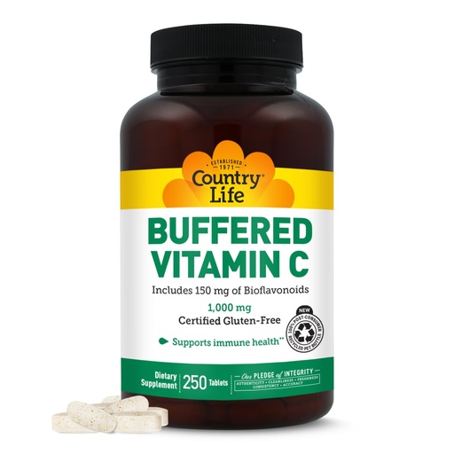 [BRSWIYT3PMCR6HI3] Country Life Buffered Vitamin C 1000mg with Bioflavonoids, Calcium, Magnesium, Potassium - Immune Support, Vegan Capsules, Gluten-Free, Gentle on Stomach - 250 Tablets