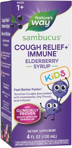 [BRSW2FDYCB6QKG3X] La via della natura Sambucus Kids Cough Relief +♢ Immune Syrup*, Feel Better Faster♢, Clinically Proven South African Geranium, con Elderberry Extract, Vitamina C & Zinc, Gluten Free, Vegan, 4 Fl Oz