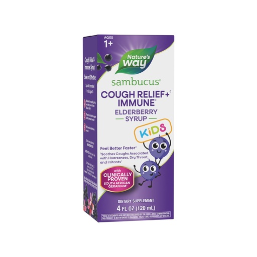 [BRSW2FDYCB6QKG3X] Nature's Way Sambucus Kids Cough Relief +(1) Immune Syrup*, Feel Better Faster(1), Clinically Proven South African Geranium, with Elderberry Extract, Vitamin C & Zinc, Gluten Free, Vegan, 4 Fl Oz