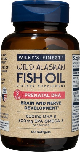 [BRSWIGAODEBWODDE] Wiley's Finest Wild Alaskan Fish Oil Prenatal DHA - 900mg EPA and DHA Omega-3s for Pregnant Women and Nursing Mothers - 60 Softgels (30 Prenatal Vitamin Servings)