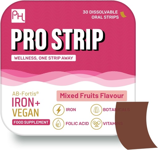 [BRSRAYYOAEMRUEY3] PROSTRIP® Iron+ AB-Fortis® 14mg Added with Vitamin C, B1, B2, B6, Folic Acid, Beetroot, Spinach and Tart Cherry – 30 Oral Vegan Strips – No Water Needed – High Absorption by Prowise Healthcare