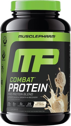 [BRSROGAOCMBWG2Q6] MusclePharm Combat Protein Powder, Vanilla Flavor, Fuels Muscles for Productive Workouts, 5 Protein Numbers Included Whey Protein Isolate & Egg Albumin, Gluten Free, 2 lb, 25 Servings