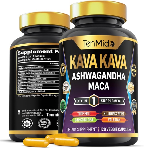 [BRSRAGD3CF6W2F3G] Kava Kava Root Suplemento - 8in1 Fórmula - Combina con Ashwagandha, Maca, Turmeric, Ginkgo Biloba, St. John's Wort, Valerian &amp; Black Pepper - 120 Vegan Capsules, 4 meses de suministro