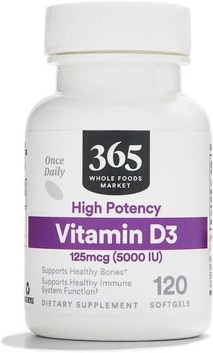 [BRSWGZQBOR5BGCIZ] 365 per tot el mercat de menjars, vitamina D3 Softgels, 5000 IU, 120 CT