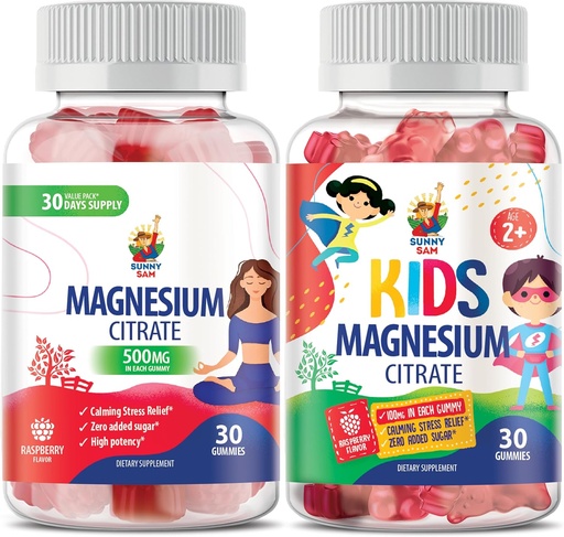 [BRSROBL2AEHW2GTU] SUNNY SAM Magnesium Gummies for Kids 100mg and Magnesium Gummies for Adults - 500mg. Kalm Magnesium Kauwen - Magnesium Citrate Kauwbare Supplement voor Mood & Muscle Support