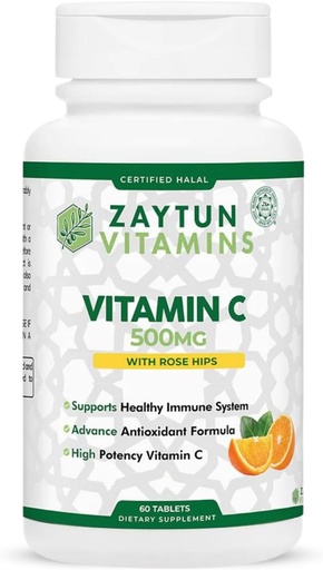 [BRSWYBQODMCGACLO] Halal vitamín C 500 mg tablety s Rose HIPS podporuje imunitný systém, prírodný antioxidant s Citrus Bioflavonoidy - Vegan - Gluten-free - 2 mesiace dodávky - Halal Vitamíny