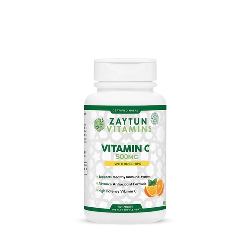 [BRSWYBQODMCGACLO] Zaytun Halal Vitamin C 500mg Supports Immune System, Natural Antioxidant, Vegetarian, Gluten-Free, 2 Months Supply, Halal Vitamins