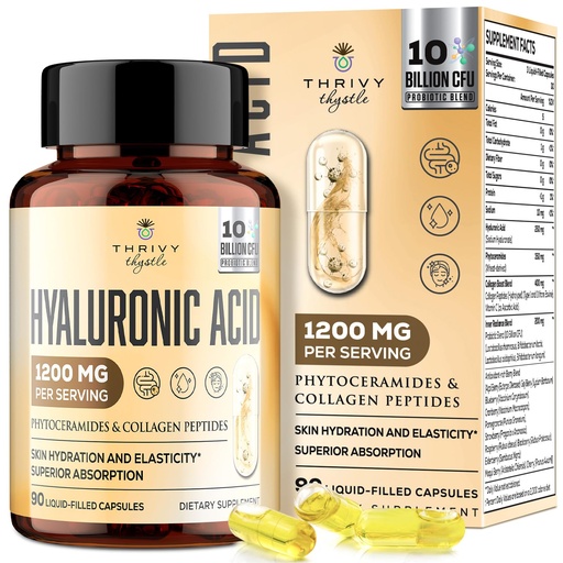 [BRSRAGAEOEGQKD3D] 19-in-1 Hyaluronic Acid Capsules - Hylunaric Acid 1200 mg, with Collagen Peptides, Vitamin C, Phytoceramides - for Skin, Eyes, Gastrointestinal, Bones Support (1 Pack)