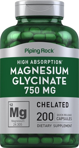 [BRSROBQCC4CBM2TJ] Piping Rock Magnesium Glycinate Capsules - 750mg - 200 count - High Absorption - Chelated - Non-GMO and Gluten Free supplement