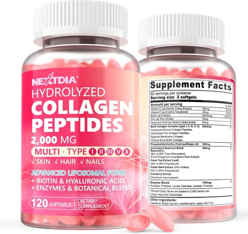 [BRSRAFI2A4OW2DYV] 2 Pack Liposomal Collagen Peptides Pills for Women 2000mg, Multi Hydrolyzed Collagen Type I, II, III, V, X with 2500mcg Biotin - Collagen Supplements Softgels with Hair, Skin & Nails Vitamins, 240 Cts