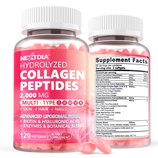 [BRSRAFI2A4OW2DYV] 2 Pack Liposomal Collagen Peptides Pills for Women 2000mg, Multi Hydrolyzed Collagen Type I, II, III, V, X with 2500mcg Biotin - Collagen Supplements Softgels with Hair, Skin & Nails Vitamins, 240 Cts