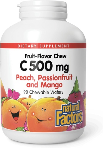 [BRSWIYT3PMCBSAY3] Factores naturales, Niños Chewable Vitamina C 500 mg, Soporta Immune Health, Huesos, Dientes y Gums, Peach, Pasionfruit y Mango, 90 Wafers