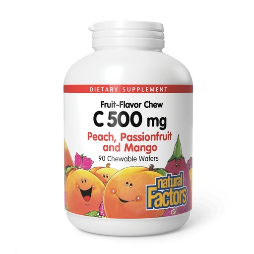 [BRSWIYT3PMCBSAY3] Natural Factors, Kids Chewable Vitamin C 500 mg, Supports Immune Health, Bones, Teeth and Gums, Peach, Passionfruit and Mango, 90 Wafers