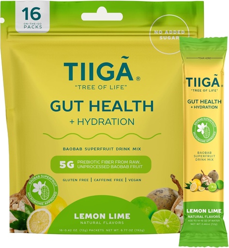 [BRSRAFT5OQNBUC3O] Tiiga Gut Health + Hydration Drink Mix - 7g Baobab, 5g zuntz prebiotikoa, Electrolytes, No Dairy, Vegan, No Added Sugar, Digestioa, Erregulazioa eta Asegurazioa - 16 Zerbitzu