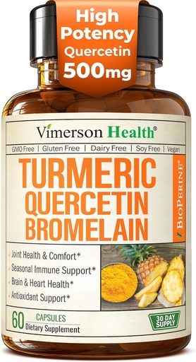 [BRSWGAQ7BF6QE3TP] Quercetin med bromelain Gurkemeje supplement - Allergi Relief, Fælles & immunstøtte - Økologisk gurkemeje tillæg med sort peber (Bioperine) - 60 Quercetin 500 mg kapsler