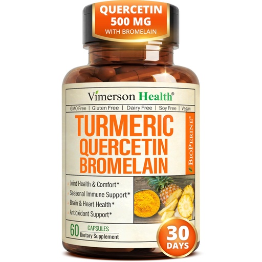 [BRSWGAQ7BF6QE3TP] Quercetin with Bromelain Turmeric Curcumin Supplement – Allergy Relief, Immune & Joint Support – Organic Turmeric Supplement w/Bioperine for Enhanced Absorption, 60 Quercetin 500mg Capsules