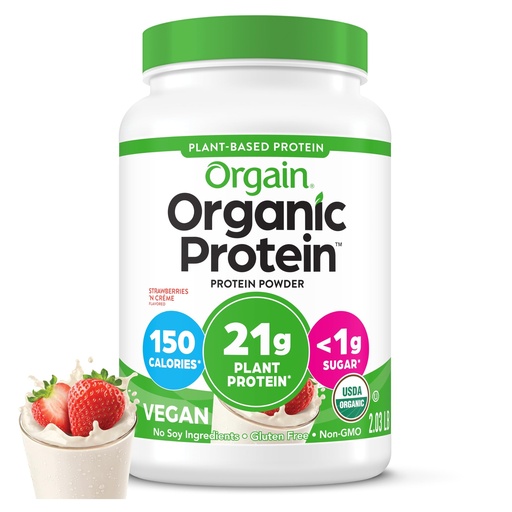[BRSW2AIDO4PB4F33] Orgain Organic Vegan Protein Powder, Strawberries & Cream - 21g Plant Based Protein, 4g Prebiotic Fiber, Low Net Carb, No Lactose Ingredients, No Added Sugar, Non-GMO, For Shakes & Smoothies, 2.03 lb