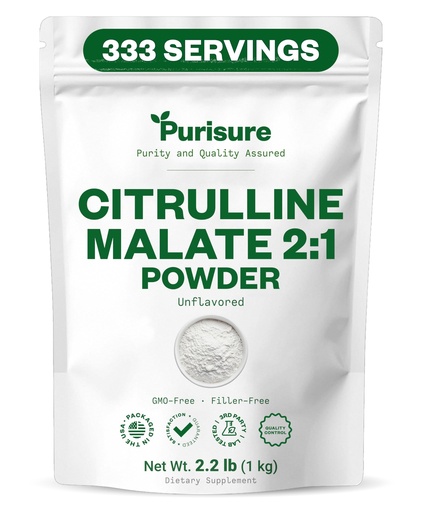 [BRSWGEDYBZ6AOHI6] Purisure L Citrulline Malate 2:1 Powder, 1 kg, Supplement and Nitrate for Strength Performance and Energy, Pre-Workout L Arginine L Citrulline Supplement Powder, 333 Servings