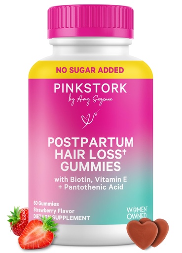 [BRSW2ZTRAEOWAAI2] Pink Stork Postpartum Hair Loss Gummies | Biotin, Pantothenic Acid, Vitamin E, B6, B12 | Postnatal Hair Growth + Regrowth Support | Breastfeeding-Friendly | Postpartum Essentials | 60 Gummies
