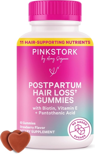 [BRSW2ZTRAEOWAAI2] Pink Stork Postpartum Hair Loss Gummies | Biotin, acido pantotenico, vitamina E, B6, B12 | Crescita dei capelli postnatali + supporto alla ricrescita