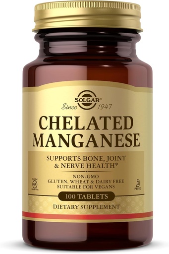 [BRSWIYT3OMABOG32] Solgar Chelated Manganesos - 100 taules - Suports Bone, Conjunt de salut - No-GMO, Vegan, Guten Free, Dairy Free, Kosher - 100 Servings