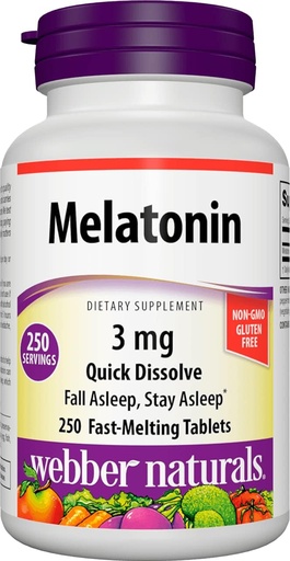 [BRSW2EL6BABRUA3H] Webber Naturals Melatonin 3 mg, Easy Dissolve, 250 Tablets, 100% Drug Free Sleep Aid for Adults, Gluten Free, Non-GMO, Suitable for Vegetarians