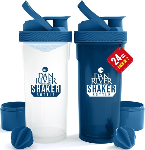 [BRSROCAPOAIRY232] DAN RIVER 2-Pack Shaker Bottle | 24oz Plastic Protein Shaker & Mixer | Twist & Lock Design for Smoothies & Protein Mixes | Durable, Leak-Proof, Easy to Clean | Clear & Blue Shaker Bottles for Gym