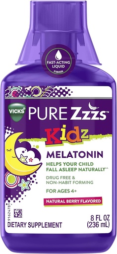 [BRSWYZ32BMBGOADD] VICKS PURE Zzzs Kidz, Liquid Melatonin Sleep Aid for Kids and Children, Helps Your Child Fall Asleep Naturally, Low Dose Melatonin, Berry Flavored, 8oz
