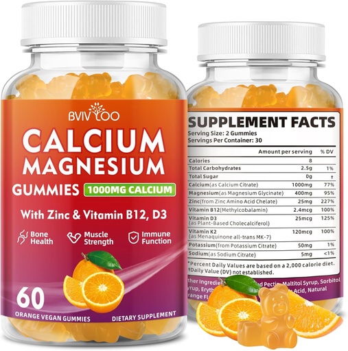 [BRSRAGQOCIPWYFA6] Calcium Gummies 1000mg with Vitamin D3 K2 & B Complex, Potassium, Calcium Magnesium Zinc Gummies for Bone, Muscle, Mood and Immunity - Orange Flavor 60 Gummies