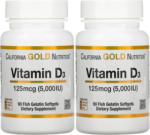 [BRSW2CYCBMNBGDTL] Vitamin D3 Supplement by California Gold Nutrition - Support for Healthy Bones & Teeth - Immune System Support - Gluten Free, Non-GMO - 125 mcg (5,000 IU) - 2 Pack of 90 Fish Gelatin Softgels Each