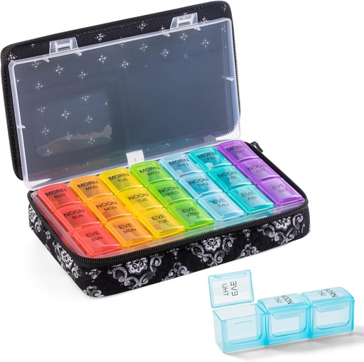[BRSRO234OIJRY3IV] Weekly Pill Organizer 3 Times a Day - Pill Box 7 Day 3 Times a Day with Cute Quilted Fabric Zipper Bag- Travel Pill Case 7 Day 3 Times a Day for Vitamin Medicine Organizer