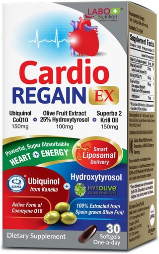 [BRSWGAT6CJ5QE3AY] LABO Nutrition CardioREGAIN EX – Ubiquinol CoQ10 Supplement with Kaneka QH 150mg, Olive Fruit Extract (25% Hydroxytyrosol), Krill Oil – Heart, Cellular Energy, Liposomal Absorption, Non-GMO, Soy-Free