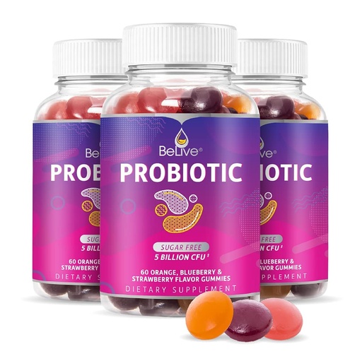 [BRSW2GD4OZ6G2FIZ] BeLive Probiotic Gummies - Probiotics with 5 Billion CFUs for Digestive Health, Men, Women & Kids Probiotic Supplements for Immune Support, Sugar Free & Vegan – Blueberry, Strawberry & Orange | 3-Pack