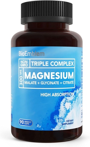 [BRSWGBQHBENRUYDD] BioEmblem Triple Magneesium Complex | 300mg Magneesium Glycinate, Malate & Citrate | High Absorbtion Kelate Formula | Vegan, Non-GMO, Gluteenivaba | 90 kapslit