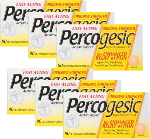 [BRSWIGYOOMPAO3TI] Percogesic Aspirin Free Pain Relief Tablets, Original Strength, Acetaminophen and Diphenhydramine, 90 ct (Pack of 6)