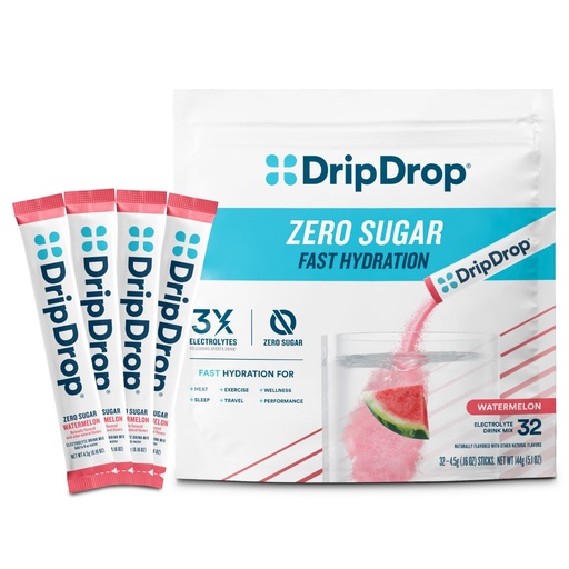 [BRSROBQDOUCRSF3J] DripDrop Sugar Free Hydration Packets - Zero Watermelon - Single Serve Electrolytes Powder Drink Mix - Non-GMO, Gluten Free, Vegan - 32 Sticks