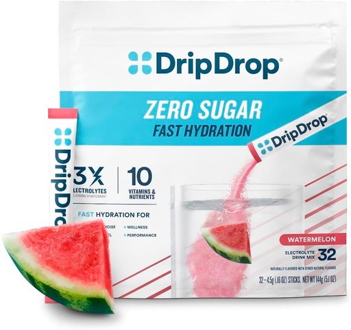 [BRSROBQDOUCRSF3J] DripDrop Sugar Freehydrtion Packets - Zero Watermelon - Single Serve Electrolytes אבקת משקאות Mix - non-GMO, Gluten Free, טבעוני - 32 Sticks