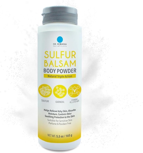 [BRSWIEIRCYCBU3I3] Dr. Robaina Sulfur Balsam Body Powder – Triple Action Powder for Itchy Skin, Moisture Control, and Odor Relief – Suitable for Sensitive Skin with Eczema and Psoriasis – Made in The USA