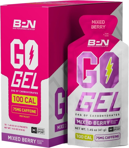 [BRSRAFABB4IBSDLZ] BARE PERFORMANCE NUTRITION, BPN Go Gel Endurance, 24g of Carbohydrates & 100 Calories per Pack, Vegan + Gluten Free Running Gel, 10 Single-Serving Packs, Caffeinated Mixed Berry