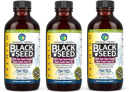[BRSWGBQKBEBQE2T5] Amazing Herbs Premium Black Seed Oil - Gluten Free, Non ГМО, Cold Pressed Nigella Sativa Aids in Digestive Health, Имунна подкрепа, Brain Function - 4 Fl Oz (Pack of 3)